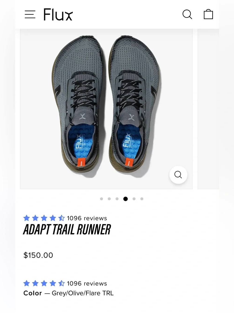 Flux Footwear Trail Runner in grey with orange accents UNISEX M 6.5 W 8